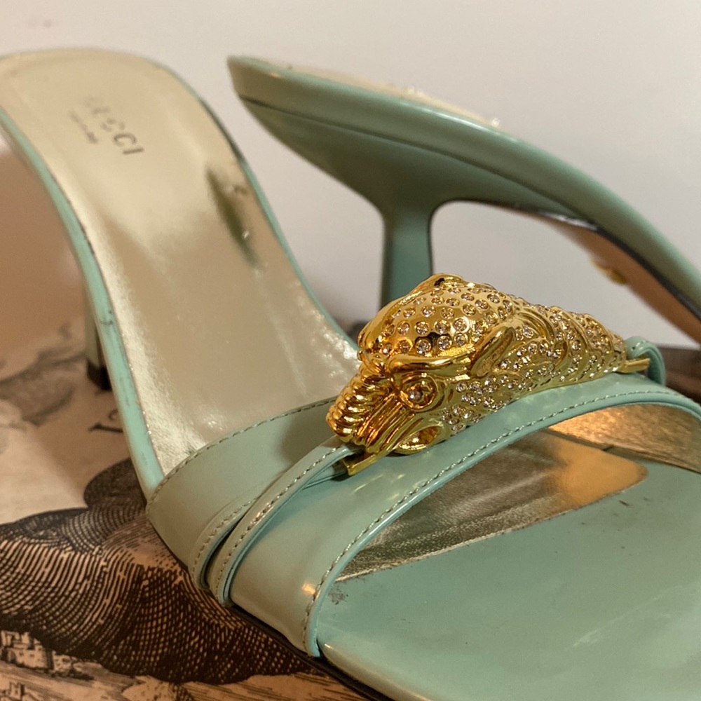 Stunning sea foam green crystal lion head Gucci sandal.